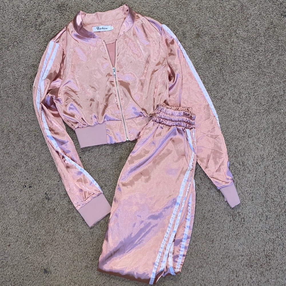 pink and white silk tracksuit set